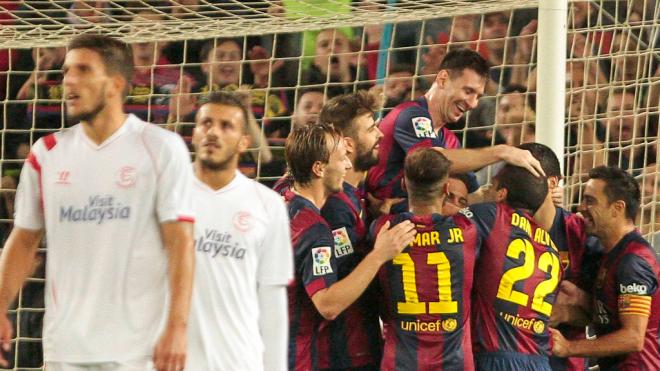 Messi celebra un gol ante los sevillistas.