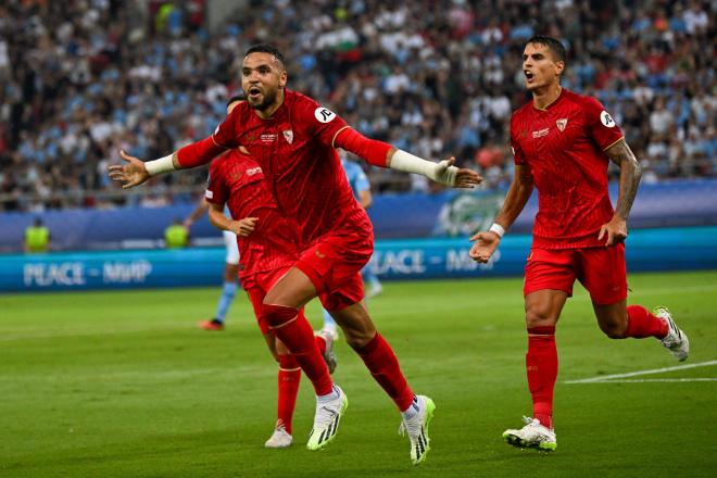 La celebración del gol del Sevilla FC ante el Manchester City (Cordon Press)