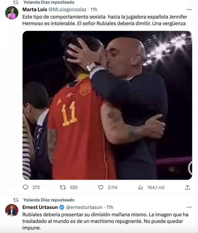 Los RT de Yolanda Díaz al beso de Luis Rubiales a Jenni Hermoso.