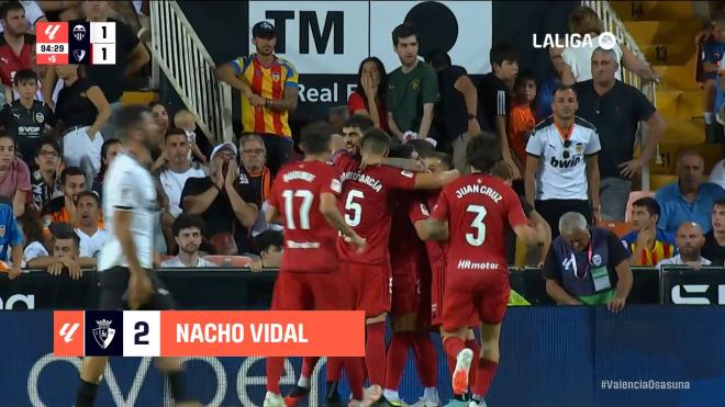 Valencia 1-2 Osasuna: Gol de Nacho Vidal