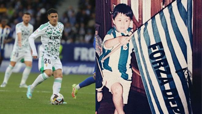 La foto de Hugo Rama de pequeño con la camiseta del Dépor tras su llegada a Riazor. (Fotos: La Liga y Oviedo)