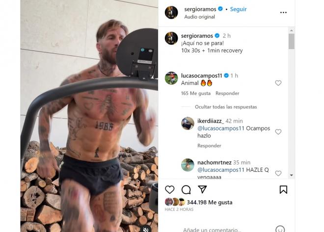 El mensaje de Ocampos a Sergio Ramos en Instagram.