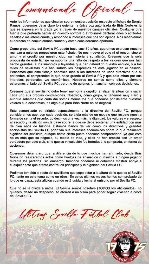 Comunicado oficial de Biris Norte por el fichaje de Sergio Ramos (Redes sociales)