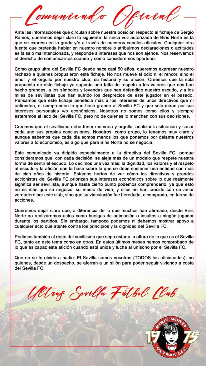 El comunicado de Biris Norte tras el regreso de Sergio Ramos.