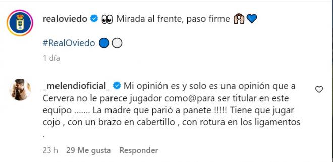 Crítica de Melendi a Cervera en la cuenta de Instagram del Real Oviedo.