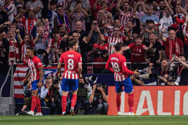 Morata celebra uno de sus goles en el Atlético-Real Madrid. Fuente: Cordon Press.