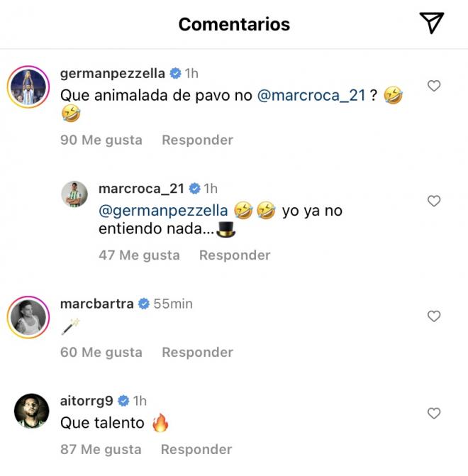 Comentarios a Isco de sus compañeros de equipo  (Foto vía: Instagram)