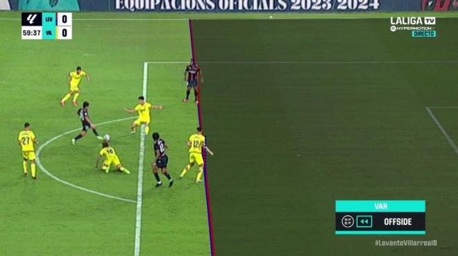 El VAR revisa el gol de Bouldini en el Levante - Villarreal B y lo termina anulando por un inexistente fuera de juego.