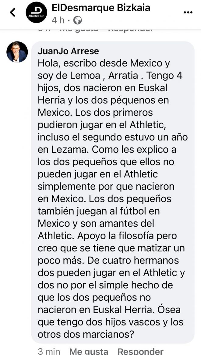 Juanjo Arrese escribió a ElDesmarque Bizkaia sobre su casuística familiar con la Filosofía del Athletic Club.