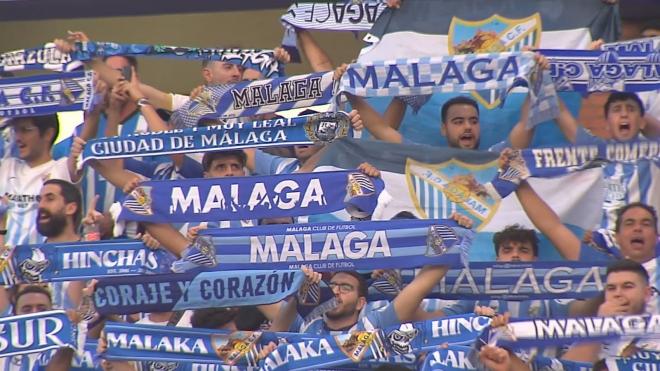 La afición del Málaga conquista el Nuevo Colombino de Huelva.