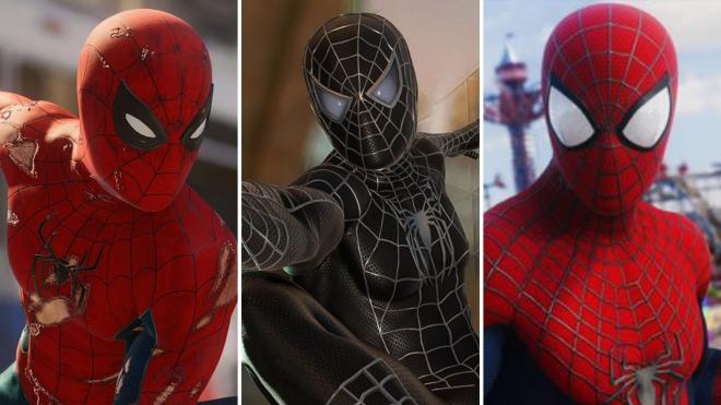 Los trajes de Marvel's Spider-Man 2 salidos de las películas del hombre araña.