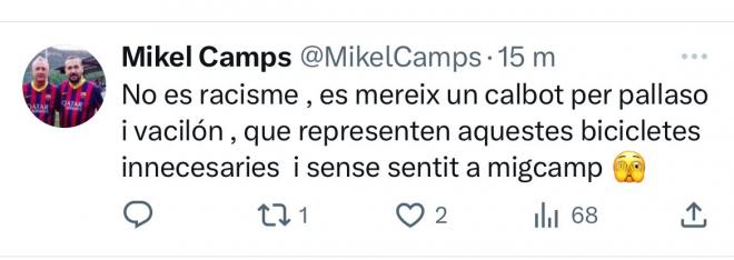 El tuit que Mikel Camps borró. (Foto: Cope).