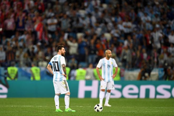Leo Messi y Javier Mascherano de Argentina en el campo. Foto: Cordon Press.