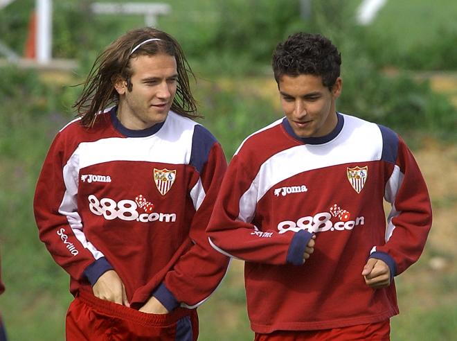 Diego Capel y Jesús Navas en un entrenamiento con el Sevilla.