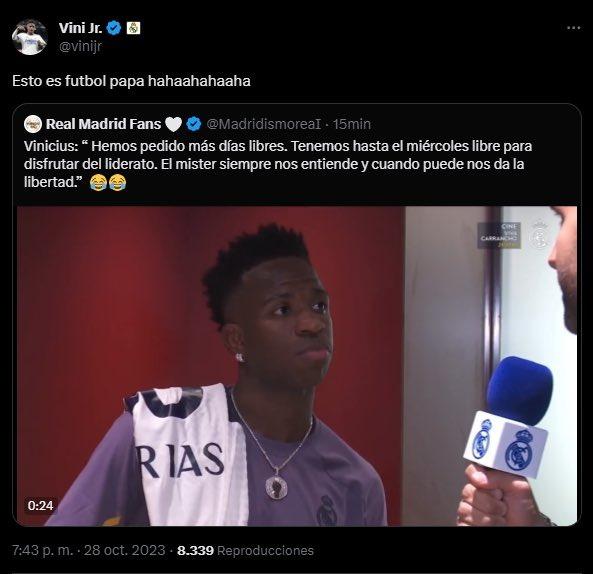 La respuesta de Vinicius Jr al tuit sobre su entrevista.