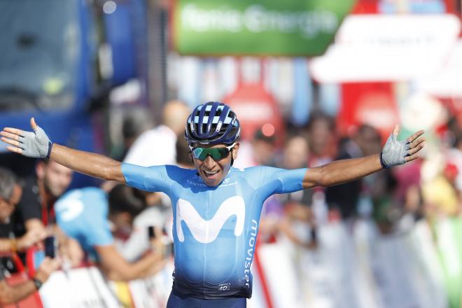 Nairo Quintana del Movistar Team celebra al ganar la segunda etapa de la edición 2019 de la 'Vuelt