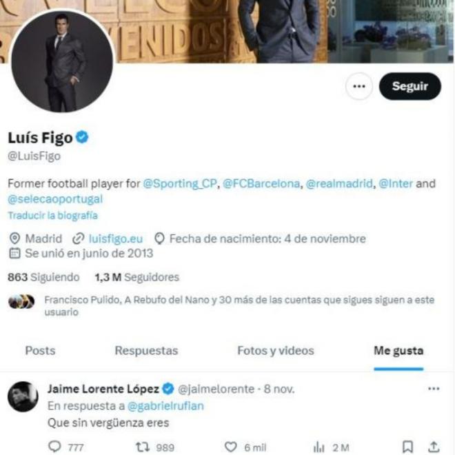 Figo y su 'me gusta' a Jaime Lorente (@LuisFigo)