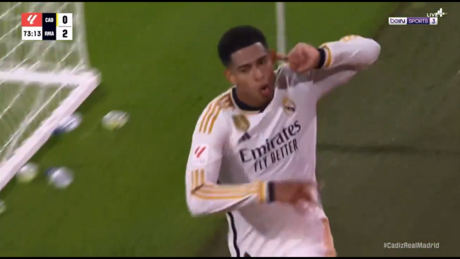 El gesto de Jude Bellingham en su celebración tras marcar en el Cádiz-Real Madrid.