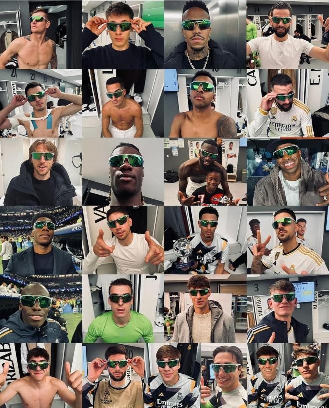 Los jugadores del Real Madrid posando con las nuevas gafas de moda.