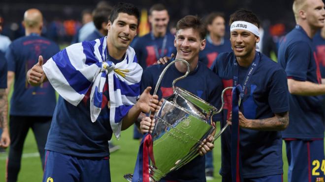 Messi, Neymar y Suárez, con la Champions en 2015. (Fuente: Cordon Press)