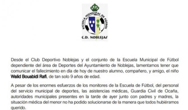 Comunicado oficial del CD Noblejas en sus redes sociales (Fuente: @cd_noblejas)