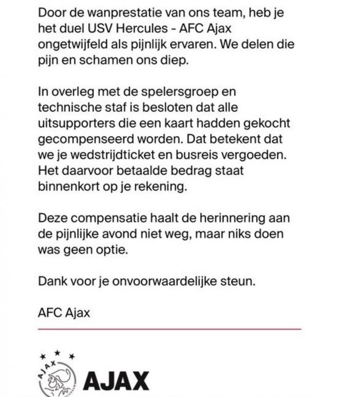 Carta enviada por el Ajax a sus aficionados.