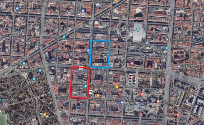 Emplazamiento de los dos históricos estadios del Real Madrid (azul) y Atlético (rojo) en O'Donnell