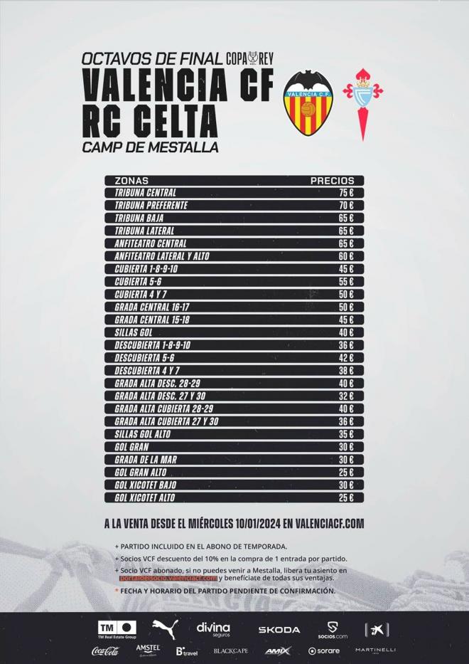 Los precios para ver el Valencia CF - Celta en Mestalla