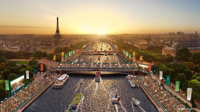 Recreación de la ceremonia de inauguración en el Río Sena en París 2024.