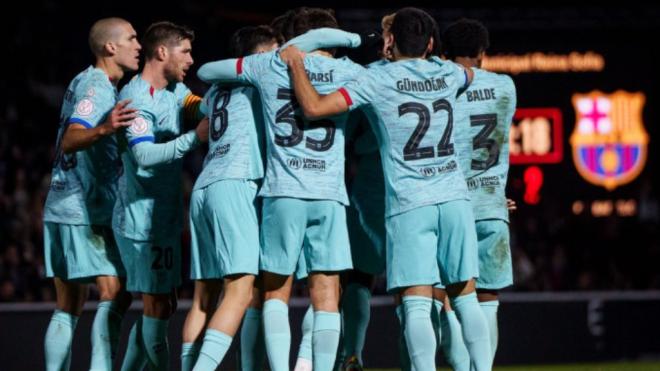 Los jugadores del Barça celebran un gol en Salamanca (@FCBarcelona)