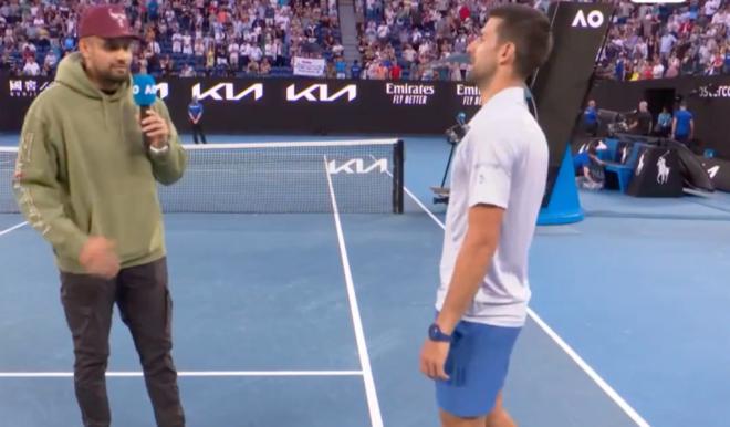 Nick Kyrgios entrevista a Novak Djokovic después de los cuartos de final (Fuente: @eurosport)