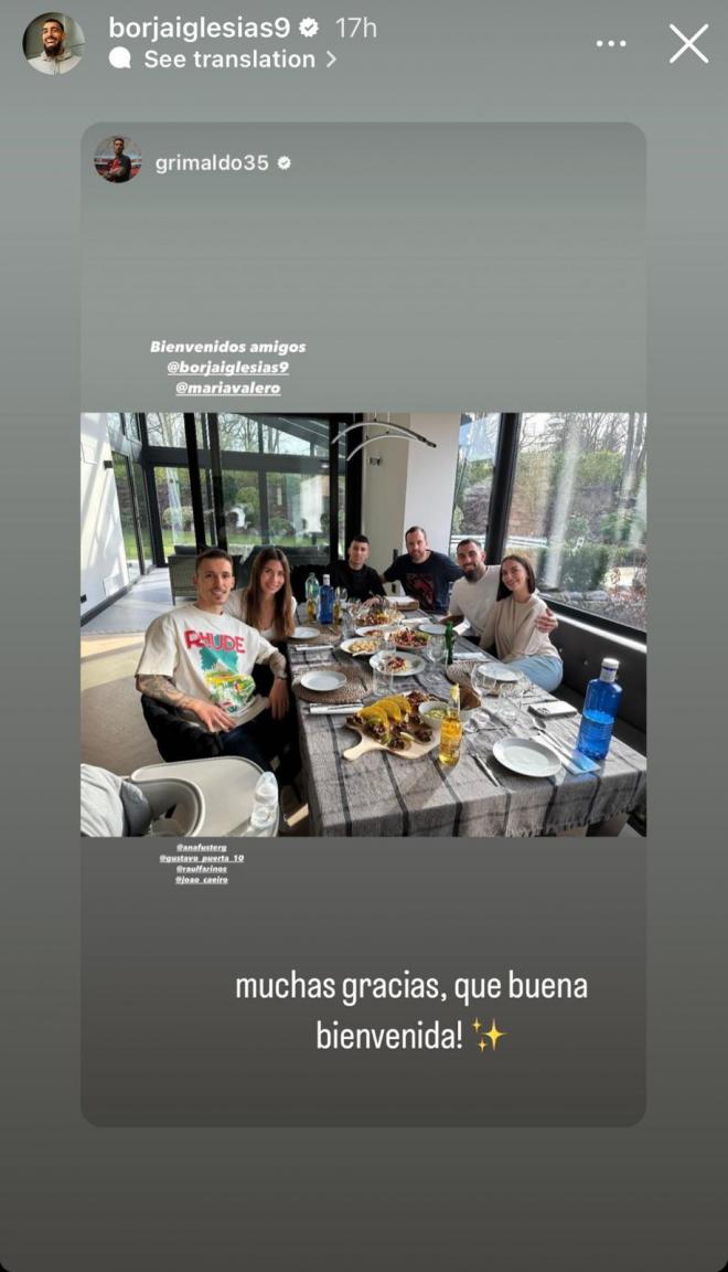 Borja Iglesias le agradece en Instagram a Grimaldo la comida de bienvenida (@borjaiglesias9)