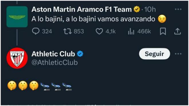 El divertido intercambio de mensajes entre Aston Martin y el Athletic. (Redes Sociales)
