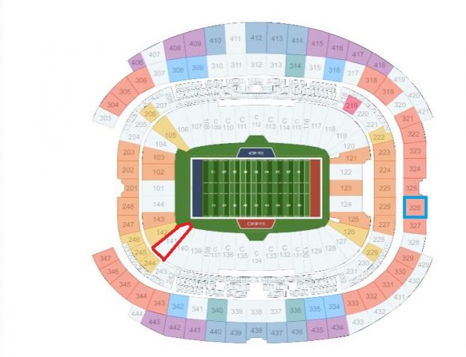 La entrada más cara (rojo) y la más barata (azul) de la Super Bowl 2024. (Foto: Stubhub).