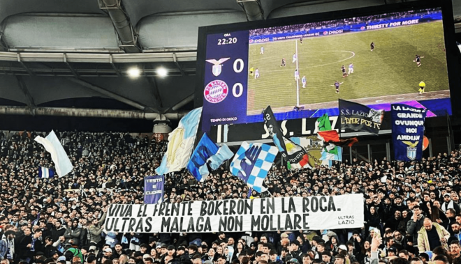 Ultras Lazio apoyan al Frente Bokerón en la ida de octavos de Champions en Roma. (foto: X)