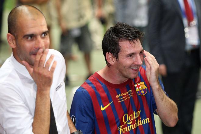 Leo Messi junto a Pep Guardiola en el Barcelona.