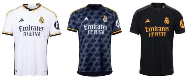 Las tres equipaciones del Real Madrid.