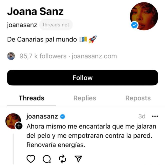 El mensaje de Joana Sanz en Threads. (Fuente: @joanasanz)