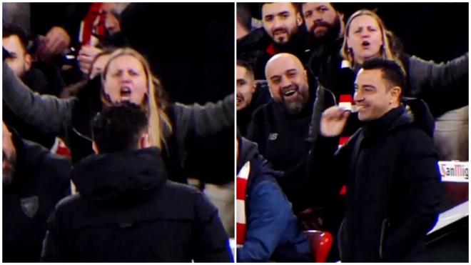 Xavi Hernández sonríe ante los gestos de una aficionada del Athletic Club (Foto: Movistar +)