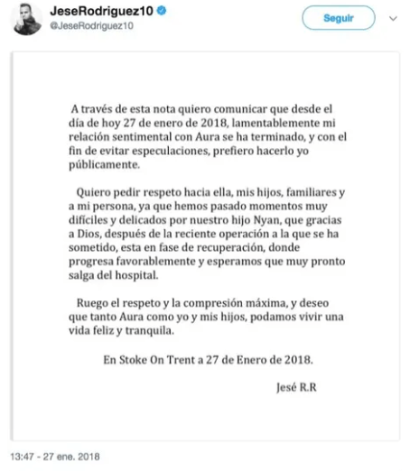 El comunicado de ruptura de Jesé en redes sociales (Captura de Twitter)