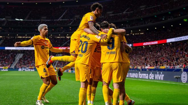El Barcelona celebra el gol de Lewandowski en el Cívitas Metropolitano (Foto: Cordon Press)