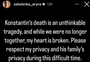 Las palabras de Sabalenka tras la muerte de Konstantin Koltsov (Foto: @sabalenka_aryna)