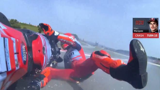 Marc Márquez, sufriendo su segunda caída del fin de semana (Foto: MotoGP).