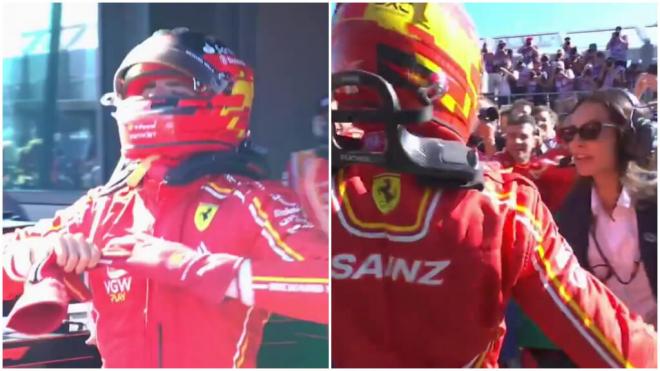 Carlos Sainz lanza los guantes a los mecánicos de Ferrari.