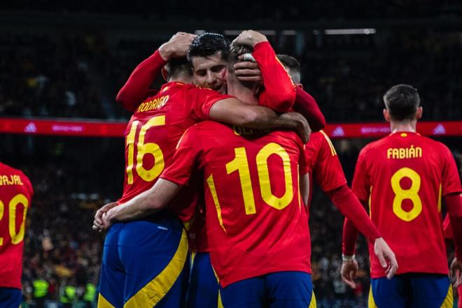 Celebración de uno de los goles en el España-Brasil (Foto: @SeFutbol).