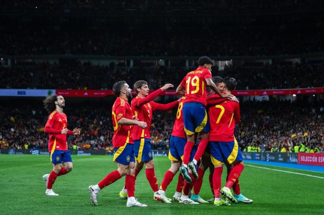 Celebración de uno de los goles en el España-Brasil (Foto: @SeFutbol).