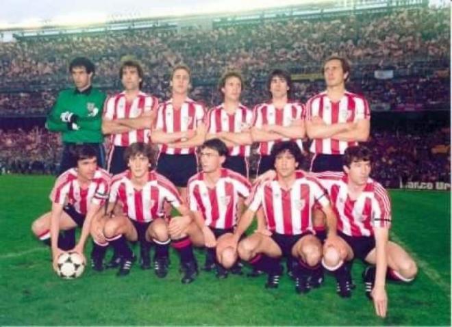 Once del Athletic Club, con Goiko, Dani y Urtubi, que ganó la Copa al Barça en 1984 en el Santiago Bernabéu.