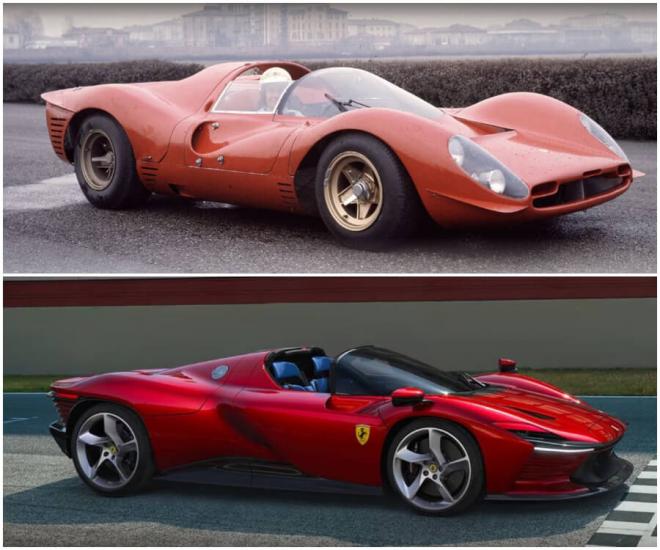 Arriba, el Ferrari 330 P4, en el cual es inspira el modelo de abajo, el Ferrari Daytona SP3 (Fotos: