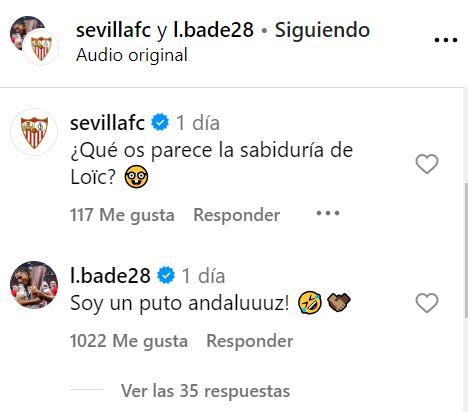 La respuesta de Badé en el post del Sevilla.