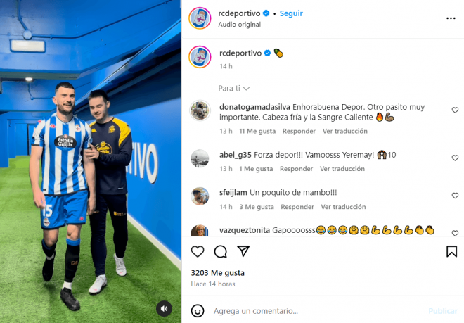 Donato felicita al Deportivo tras ganar a Unionistas (Foto: Instagram).